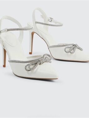 Ardene White Pointed Toe Slingback Heels with Crystal Bow